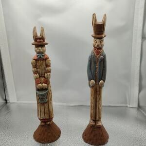 Ceramic Easter Bunny Figurines Hand Painted Rustic Male & Female Home Decor